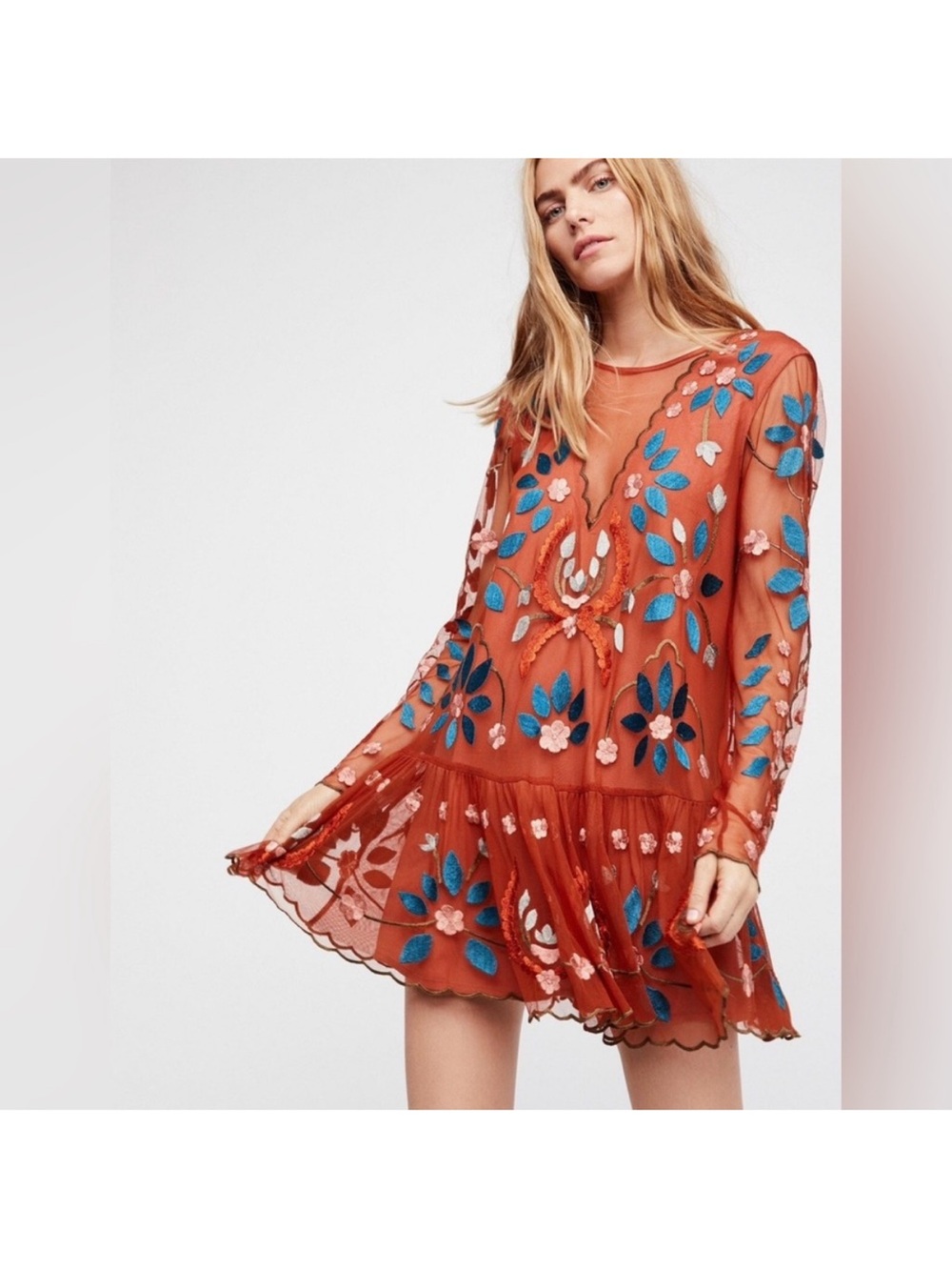Free People Hearts Are Wild Embroidered Mini Dress Tunic Long Sleeve Boho Small